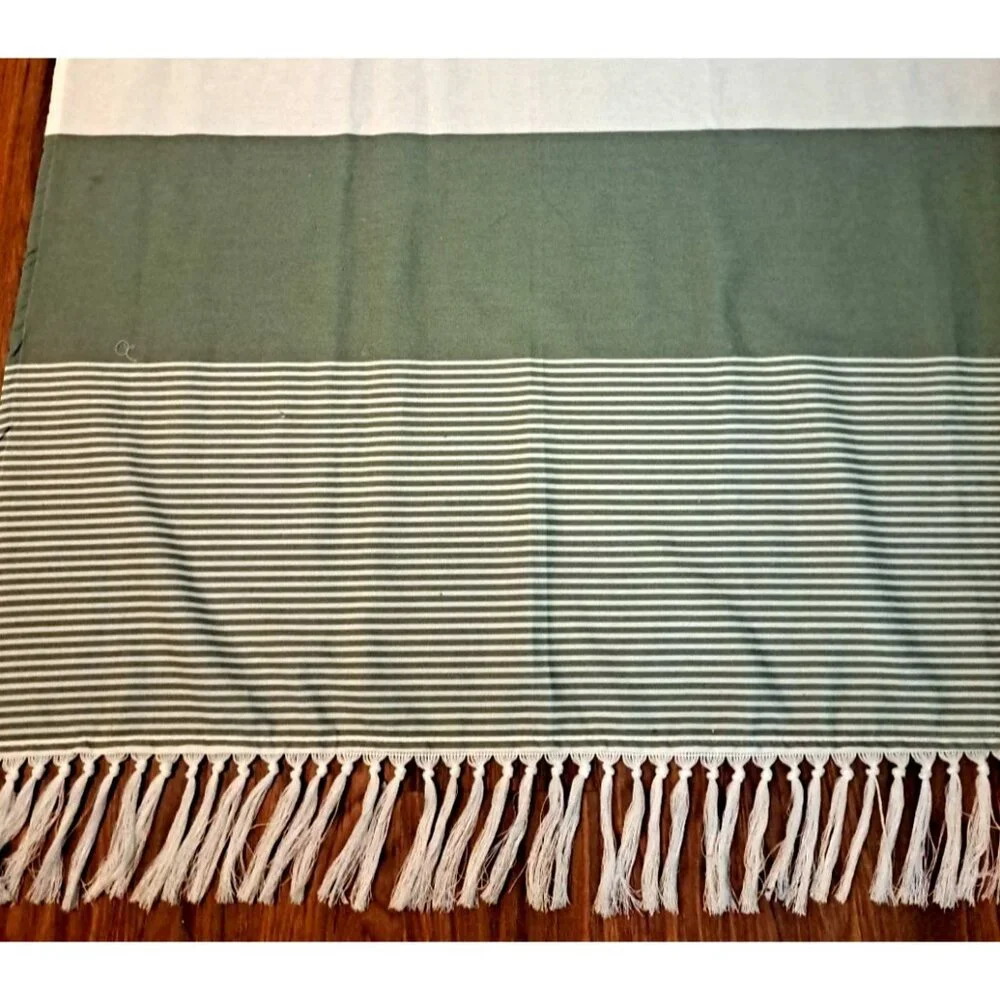 Fabric Curtain Green White Stripe W Tassels Shower Only Boho Cottage 36x72